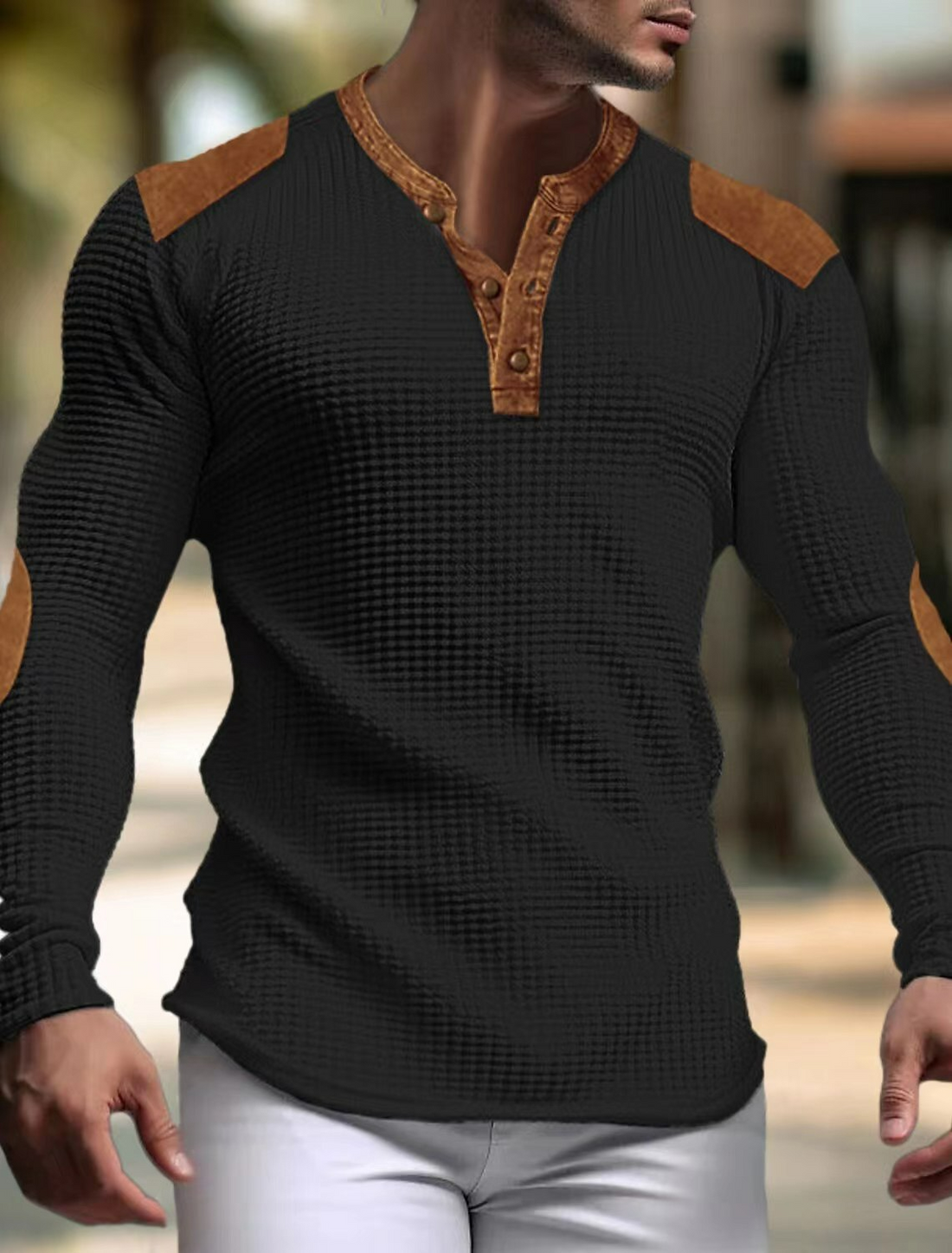 Eli - T-shirt Henley en maille gaufrée avec patchs pour homme