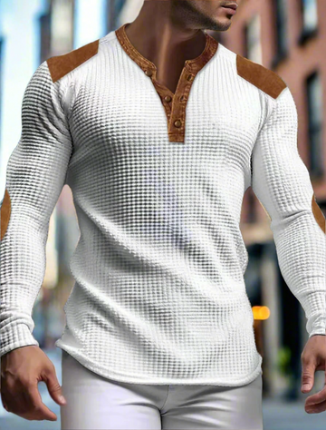 Eli - T-shirt Henley en maille gaufrée avec patchs pour homme